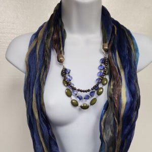 Jeweled Necklace Scarf Silver Hardware Blues Brown Green Gold Shiny